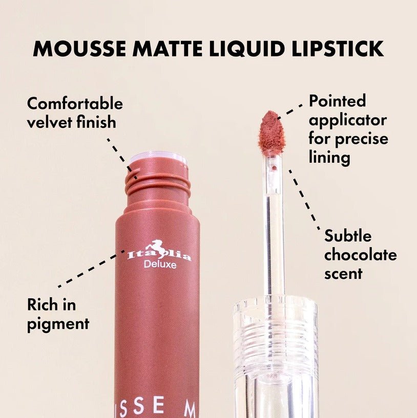 Glamour Us_Italia Deluxe_Makeup_Mousse Matte Liquid Lipstick_Almond_190 - 01 The best affordable Latina and Mexican makeup, beauty and cosmetics supply store in Chula Vista, San Diego