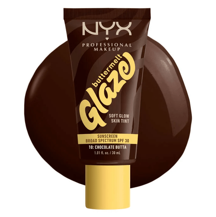 Glamour Us_NYX_Makeup_Buttermelt Glaze Soft Glow Skin Tint SPF30_Chocolate Butta_BMT10 The best affordable Latina and Mexican makeup, beauty and cosmetics supply store in Chula Vista, San Diego