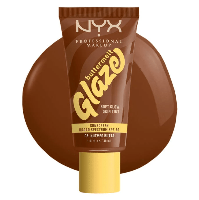 Glamour Us_NYX_Makeup_Buttermelt Glaze Soft Glow Skin Tint SPF30_Nutmeg Butta_BMT08 The best affordable Latina and Mexican makeup, beauty and cosmetics supply store in Chula Vista, San Diego