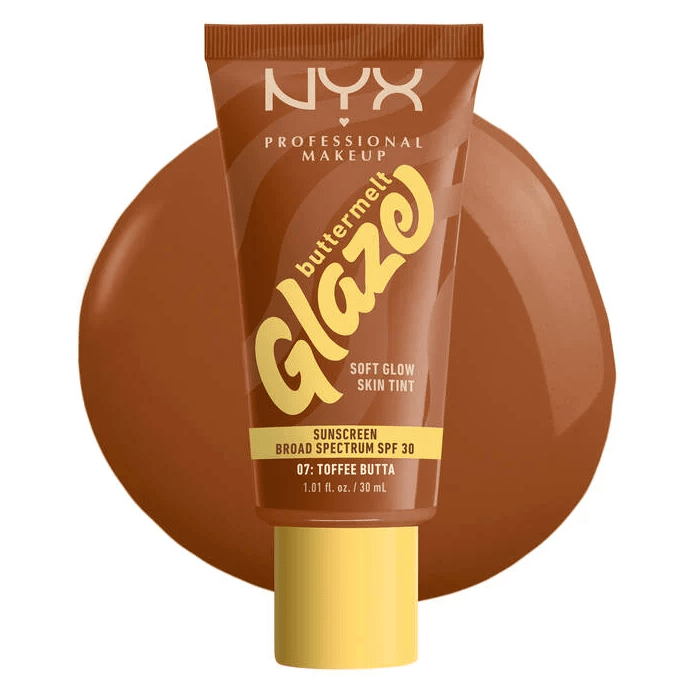 Glamour Us_NYX_Makeup_Buttermelt Glaze Soft Glow Skin Tint SPF30_Toffee Butta_BMT07 The best affordable Latina and Mexican makeup, beauty and cosmetics supply store in Chula Vista, San Diego