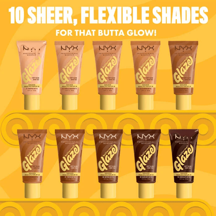 Glamour Us_NYX_Makeup_Buttermelt Glaze Soft Glow Skin Tint SPF30_Whipped Butta_BMT01 The best affordable Latina and Mexican makeup, beauty and cosmetics supply store in Chula Vista, San Diego