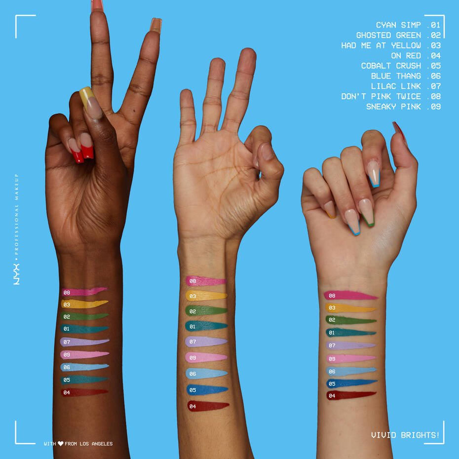 Glamour Us_NYX_Makeup_Vivid Brights Colored Liquid Eyeliners_Cyan Simp_VBLL01 The best affordable Latina and Mexican makeup, beauty and cosmetics supply store in Chula Vista, San Diego