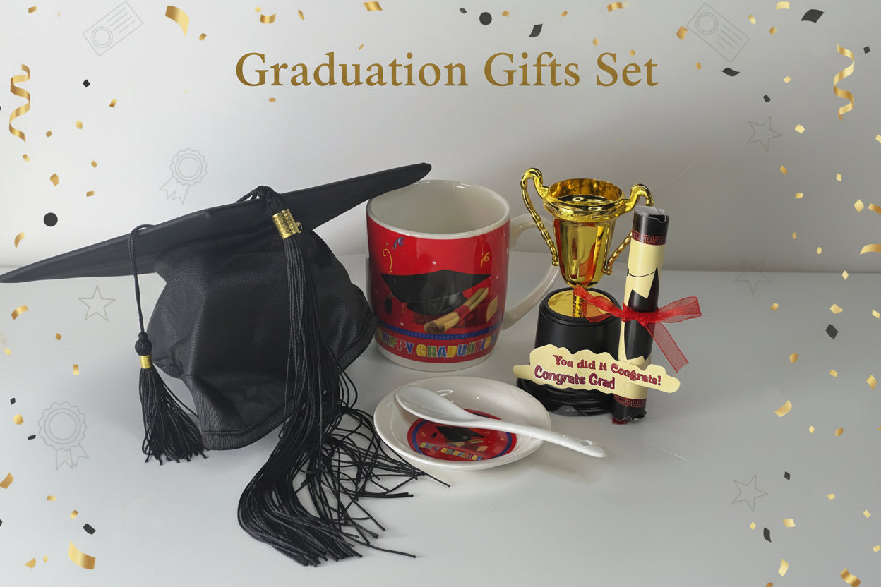 Graduation-themed items including a cap, mug, and trophy on a white surface.