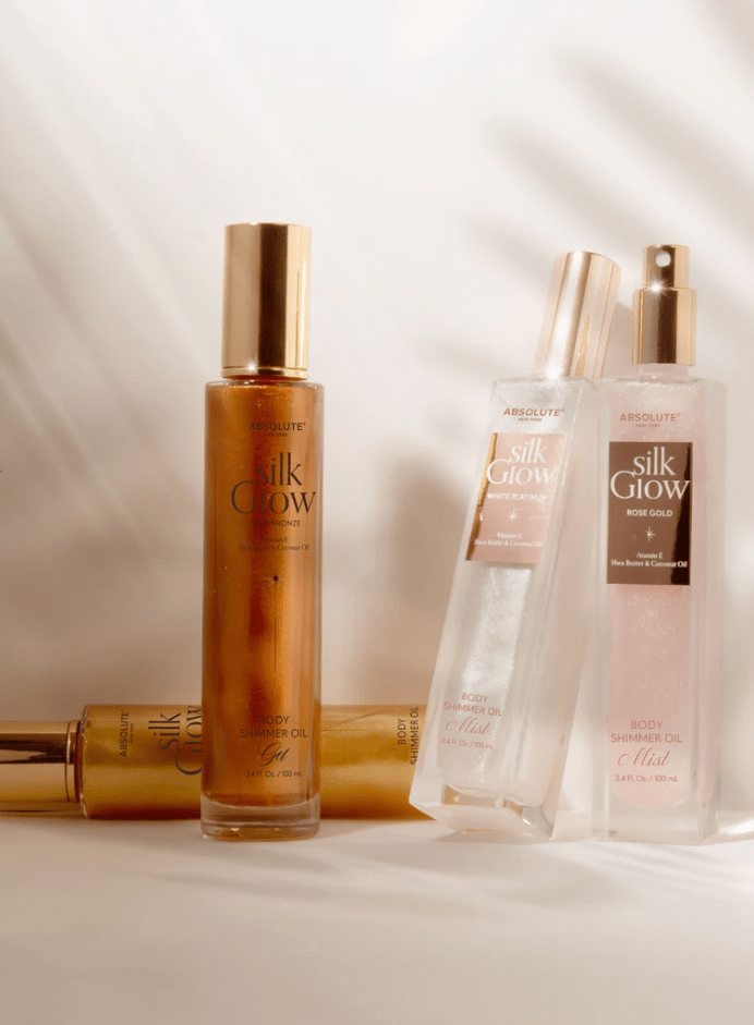 Glamour Us_Absolute New York_Makeup_Silk Glow Body Oil_White Platinum Mist_SBGS01 The best affordable Latina and Mexican makeup, beauty and cosmetics supply store in Chula Vista, San Diego