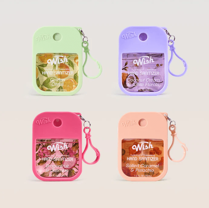 Glamour Us_Wish_Hand Sanitizer_Golden Summer Hand Sanitizer With Silicone Case_Coconut Cream &amp; white Florals_60395 The best affordable Latina and Mexican makeup, beauty and cosmetics supply store in Chula Vista, San Diego