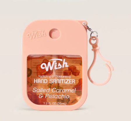Glamour Us_Wish_Hand Sanitizer_Golden Summer Hand Sanitizer With Silicone Case_Salted Caramel &amp; Pistachio_60395 The best affordable Latina and Mexican makeup, beauty and cosmetics supply store in Chula Vista, San Diego