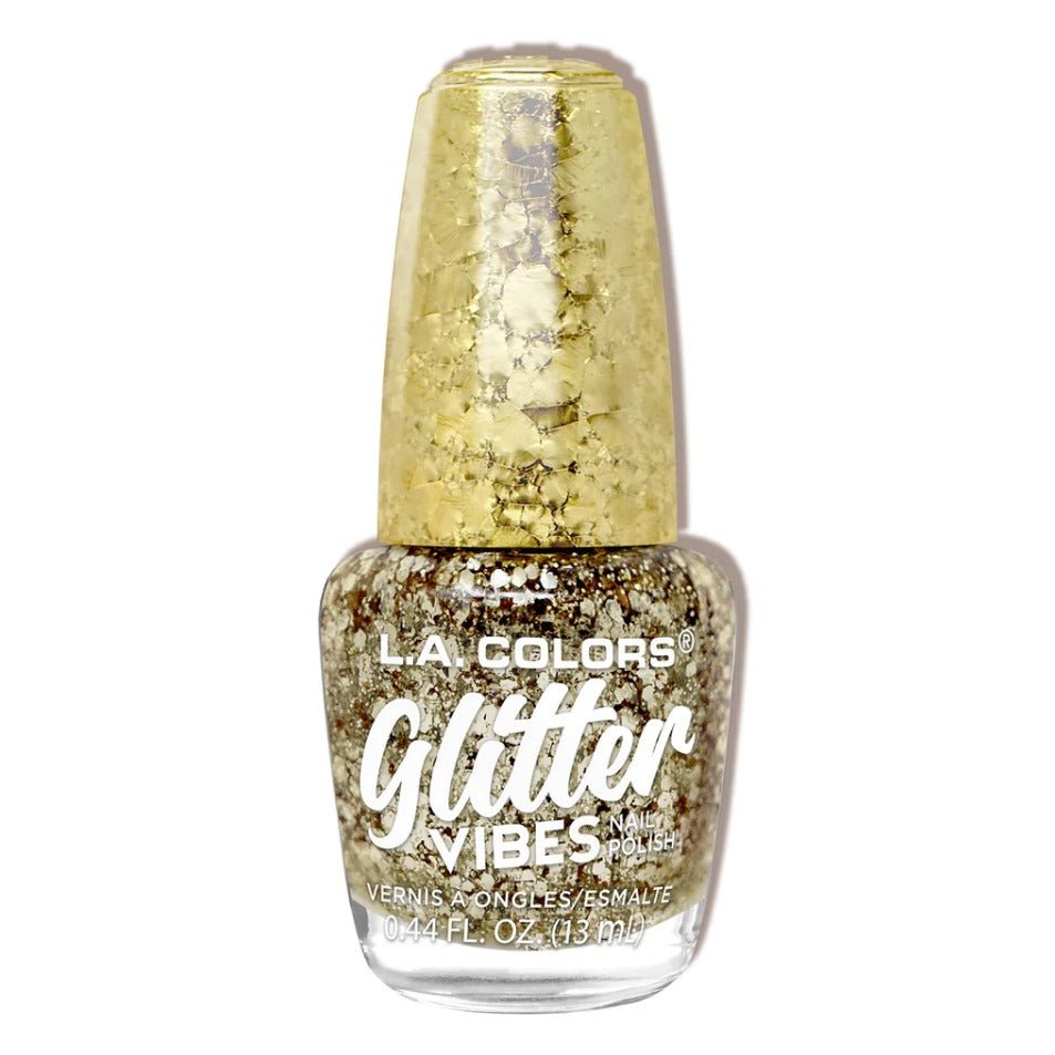 Glamour Us_L.A. Colors_Nails_Glitter Vibes Nail Polish_Golden Glow_CNL356 The best affordable Latina and Mexican makeup, beauty and cosmetics supply store in Chula Vista, San Diego